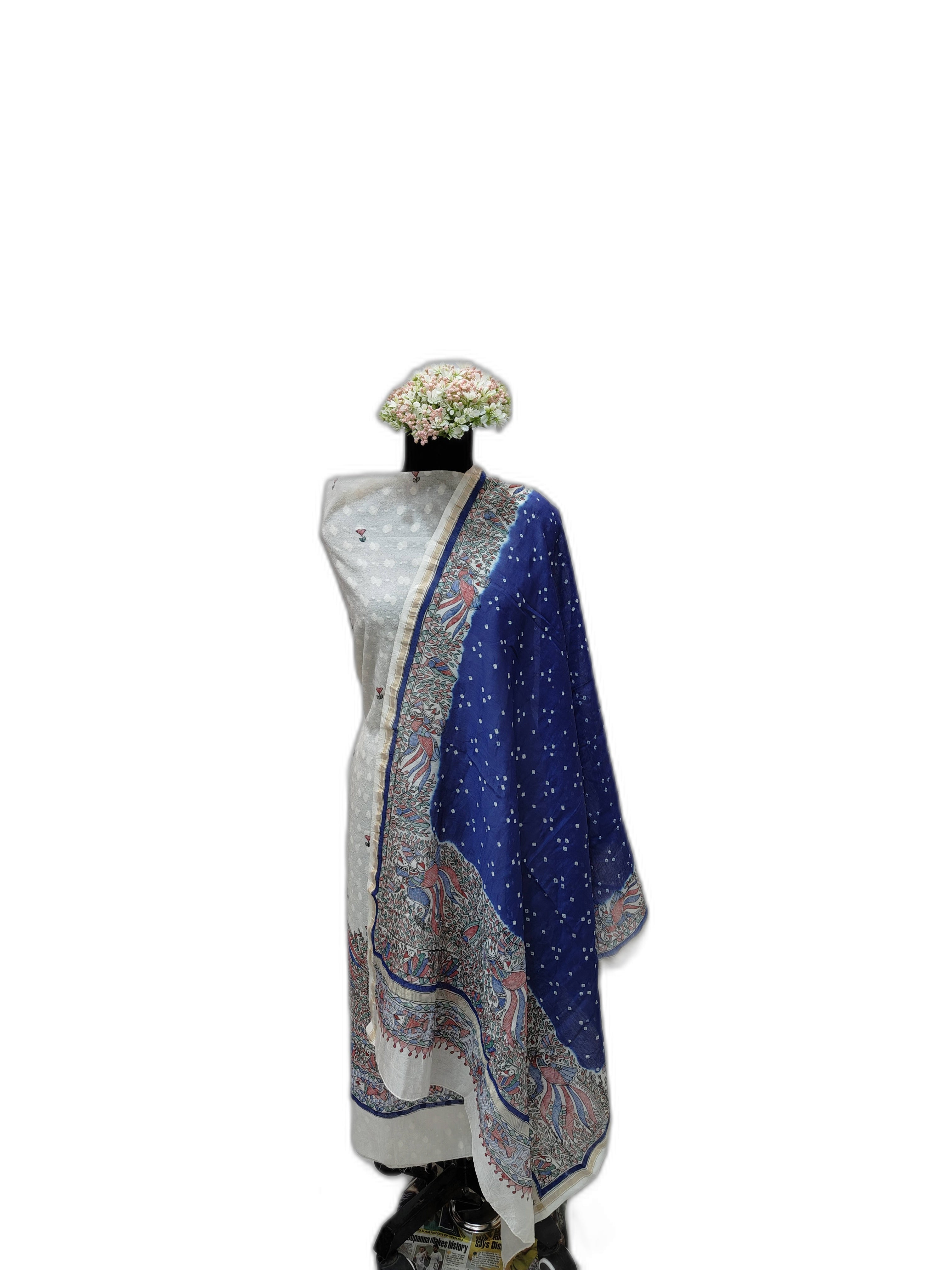 Hand-Painted Madhubani Unstitched Suit Set on Chanderi - Peacock